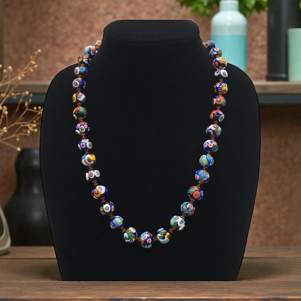 VINTAGE Venetian Murano Millefiori Mosaic Glass Hand-Knotted Necklace